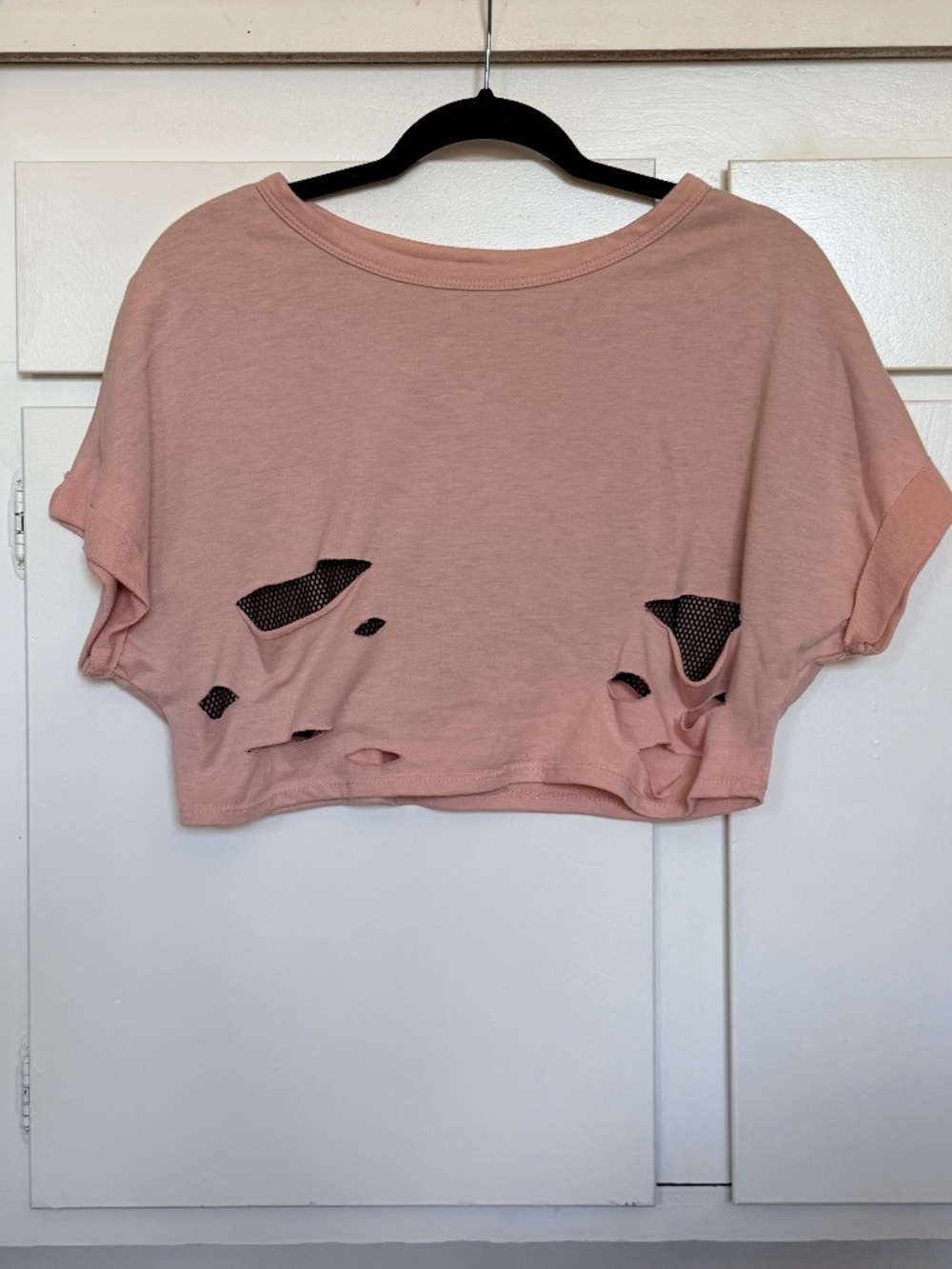 Pink Distressed Fishnet Double Layer Crop Top Y2K Grunge Tee
